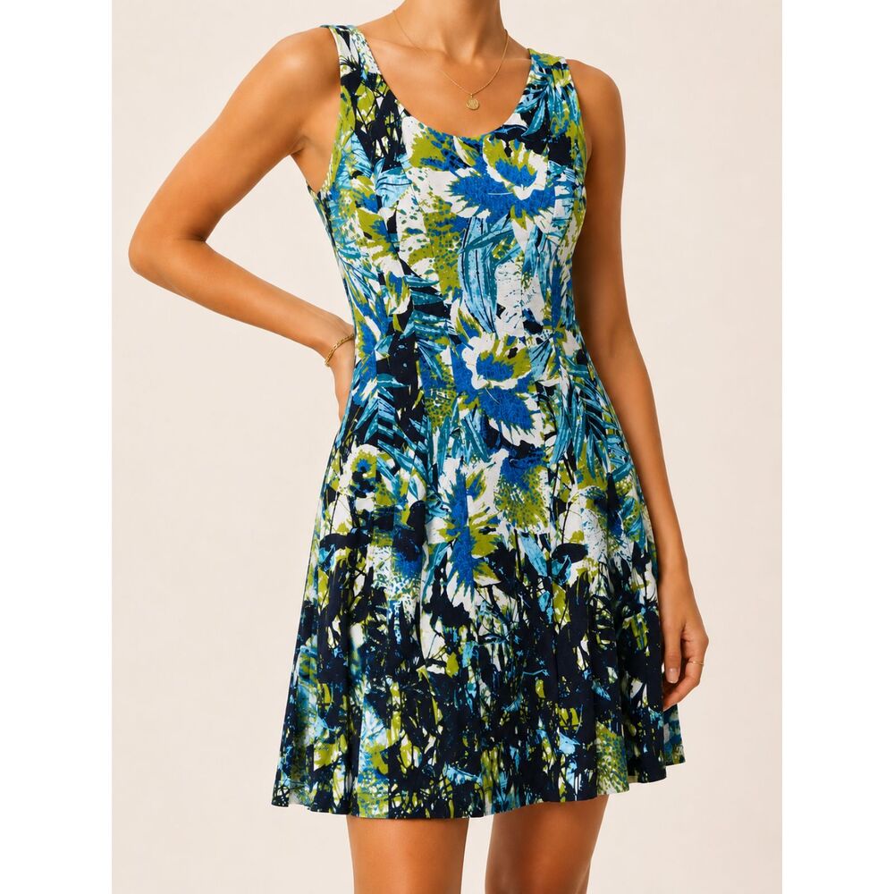 Nine West Floral Fit & Flare Dress Size 12 Blue Green Tropical Cotton Stretch